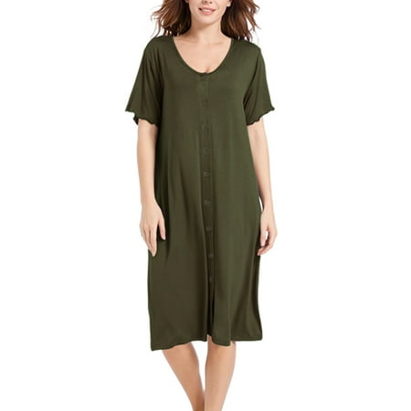 

Paille Ladies Sleep Dress V Neck Nightgown Short Sleeve Sleepwear Lounge Nightdress Pajamas Army Green M