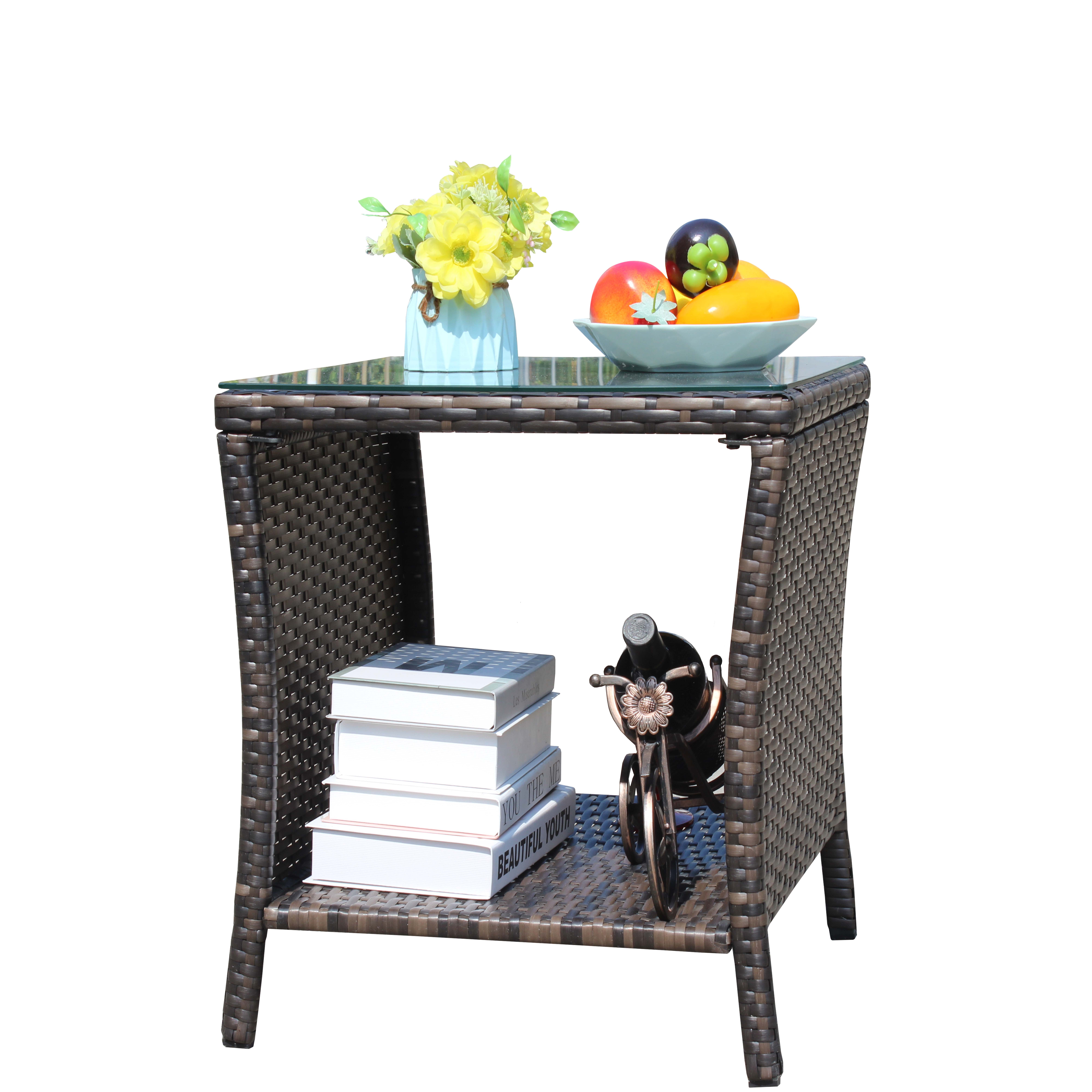 PE Rattan Outdoor Patio Coffee Table with 0.2 Inch Clear Tempered Glass Top, 19.25×19.25×21 Inch Steel Frame Side Table, 120LBS Weight Capacity UV & Water Resistant Garden Deck Table