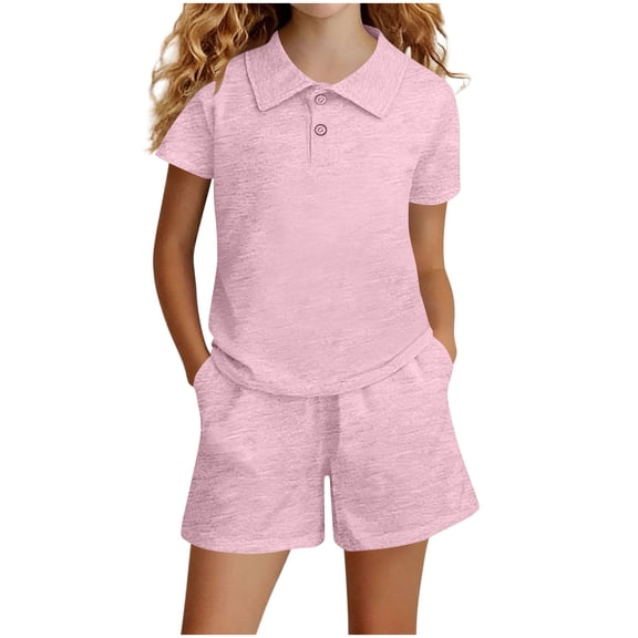 NAISIBABY Kids Girls Outfit Sets, Short Sleeve Polo T-Shirt & Shorts 2-Piece Summer Casual Fashion Clothes Pink Size 14