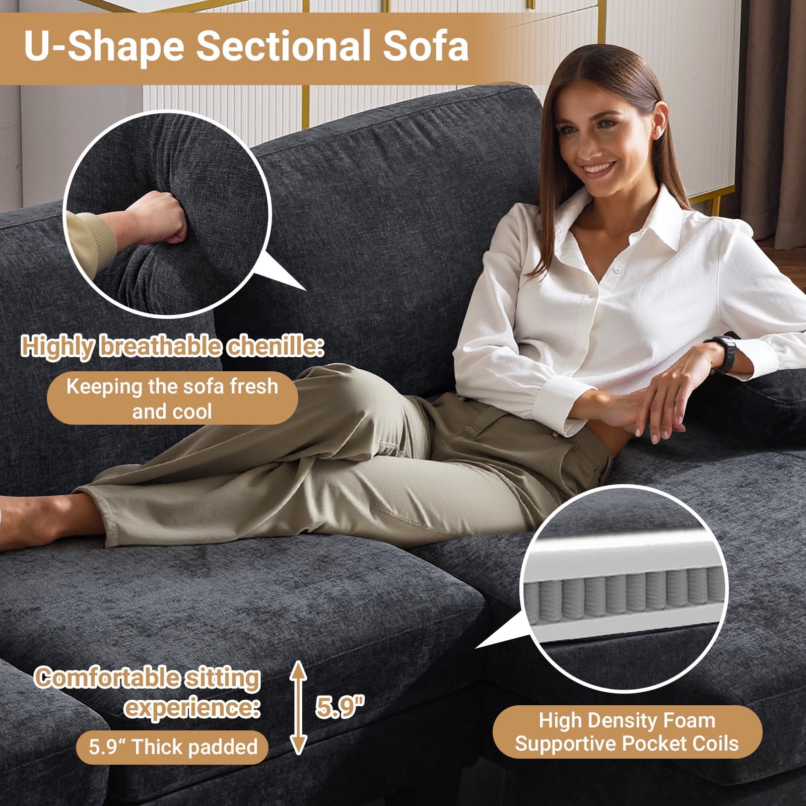 Ktaxon U-Shaped Sectional Sofa, 111"  Chenille Couch, 4 Seat Lounge Sleeper with Double Chaise for Living Room Black