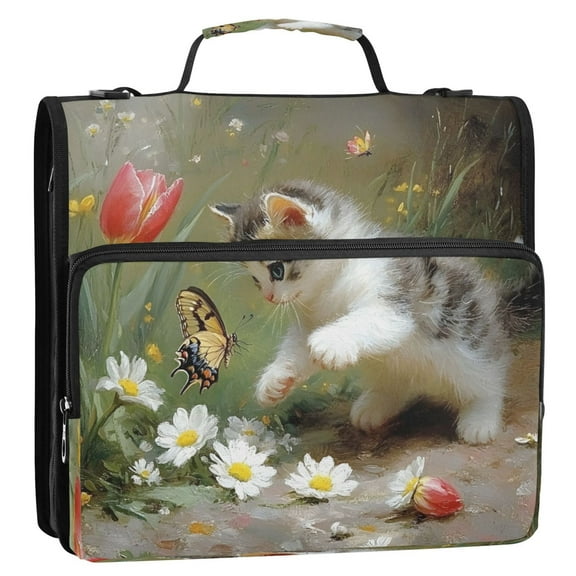 Playing Cats Stripes Lines Zipper Binder Bag 3 Ring Binder Bag,Large Capacity Durable Binder Organizer Bag