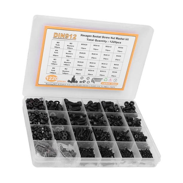 Surtido 1220 Uds Kit De Arandelas De Tuercas De Tornillo Con Cabeza Hexagonal Acero Al Carbono M2 M3 M4 M5 Negro