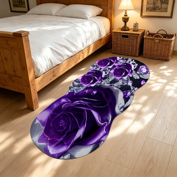 Purple Floral Area Rug 47 Inch, Soft Non-Slip Bedside Rug, Absorbent Washable Floor Mat for Bedroom, Living Room & Bathroom