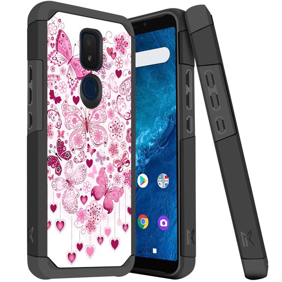 ANJ  Dual Layer Shockproof Hybrid Case   [Tempered Glass] Cover for Cricket Icon 3, Splendor, AT&T Motivate 2 - Butterfly Hearts