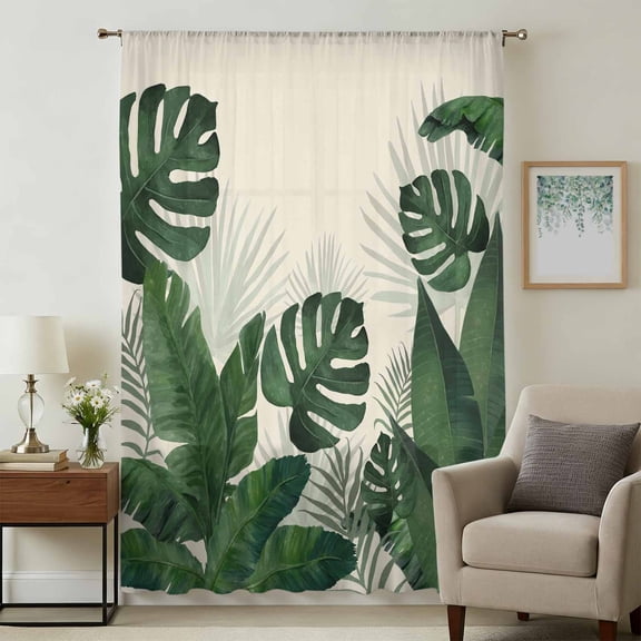 Monstera Leaves Sheer Curtains 45 Inches Long, Summer Green Tropical Plants Leaf Beige Light Filering Curtains, Breathable Simi Curtain Privacy Drapes for Kitchen Bathroom Small Window Treatment