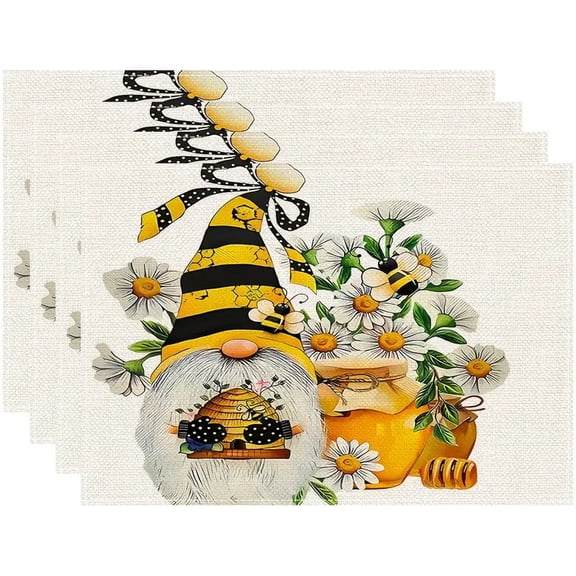 Gnomes Flowers Leaves Summer Placemats Set of 4, 12x18 Inch Seasonal Summer Holiday Table Mats for Party Kitchen Dining Decoration