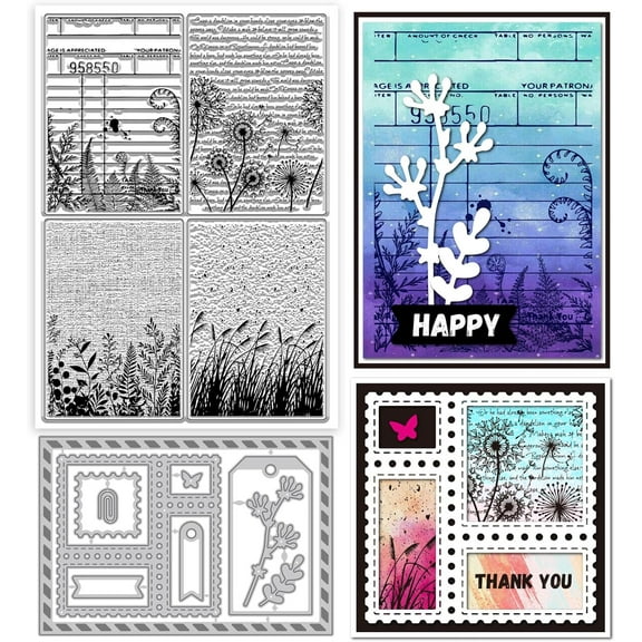 Vintage Leaves Texture Clear Stamps and Metal Die Cuts Fern Leaves Background Transparent Stamp Wildflowers Dandelions Cutting Dies for Card Making Embossing Scrapbooking DIY