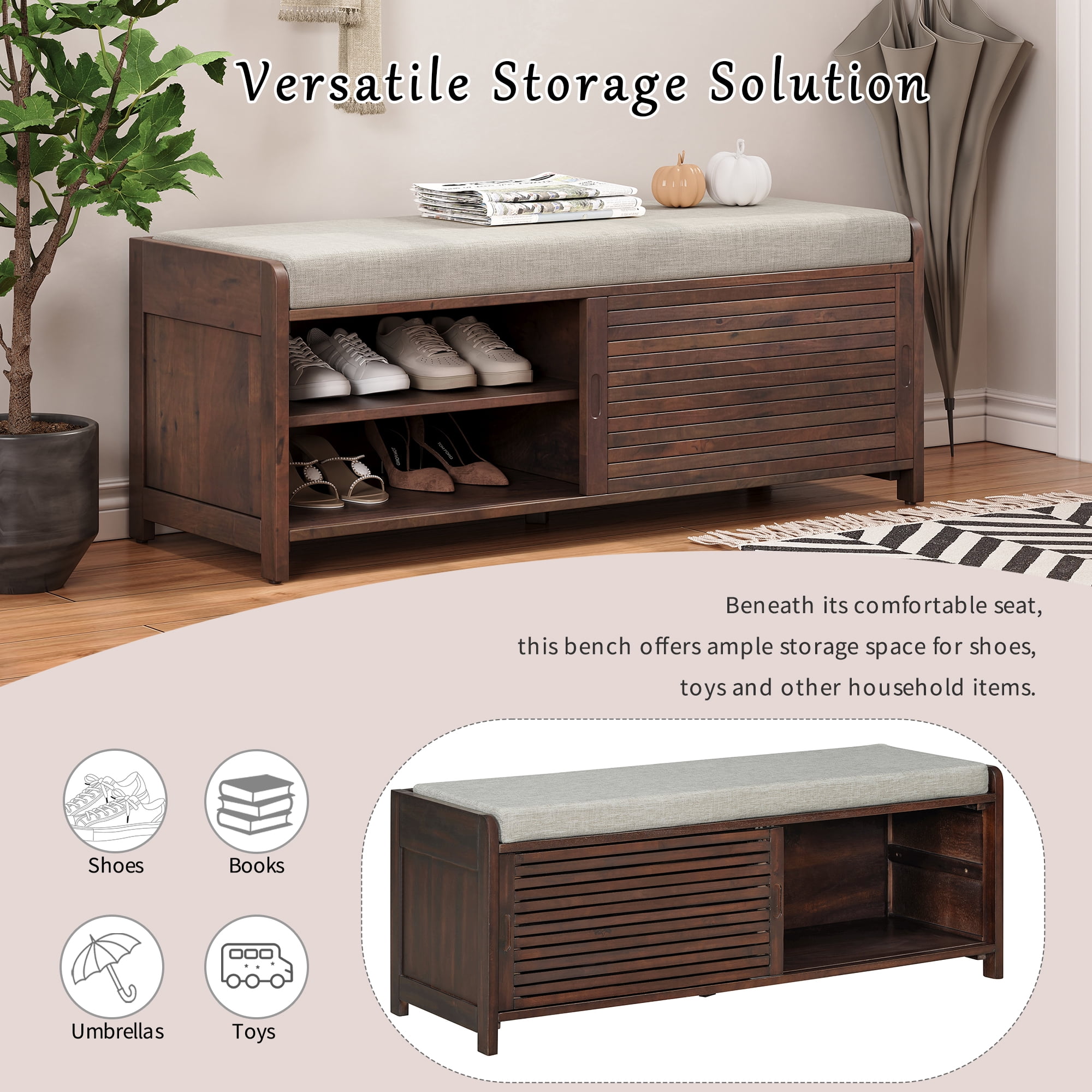 Euroco Shoe Bench with Storage and Cushion, Distressed Shutter Storage Bench with Retro Charm for Living Room, Entryway (Espresso)