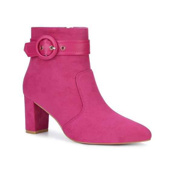 BLISSFUL STEP Women's Ankle Boots Chunky Heel Pointed Toe Buckle Strap Zipper Faux Suede Fuchsia 9