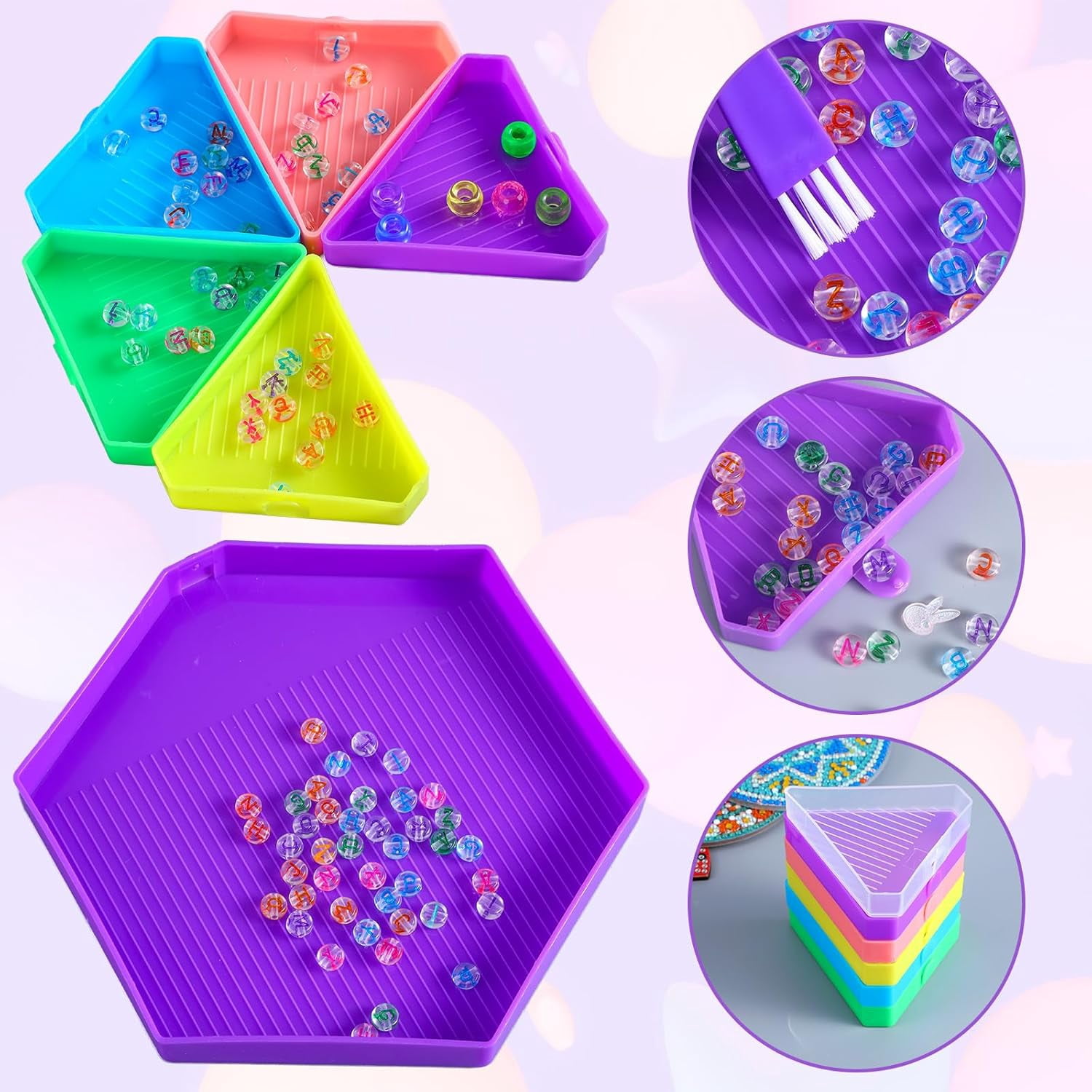 9Pcs Diamond Art Painting Trays Kit V-Shaped Corner Opening Diamond Art Trays Kits Organizer Triangles for Kids Adults DIY Diamonds Crafts with Brush and Spoon