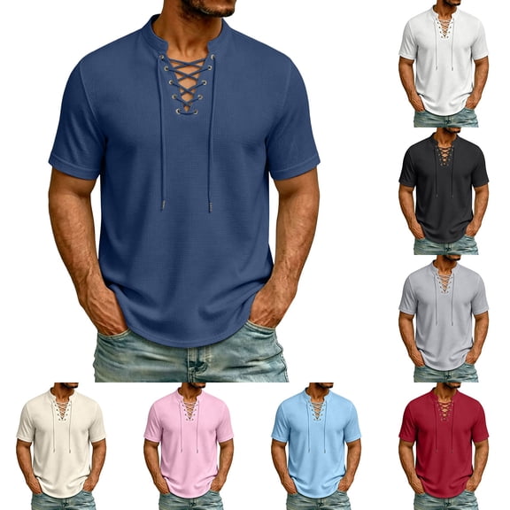 Miluxas Men's Waffle Knit Lace-Up Henley Shirt, Short Sleeve Summer Casual Top, Stand Collar Drawstring Tee for Spring & Summer Daily Wear White XL(XL)