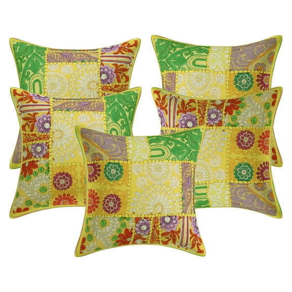 Stylo Culture Ethnic Cotton Living Room Throw Pillow Covers Lemon Yellow 12 x 12 Bohemian Vintage Patchwork Ethnic Sofa Cushion Covers 30x30 cm Decorative Abstract Square Pillow Cases | Set Of 5