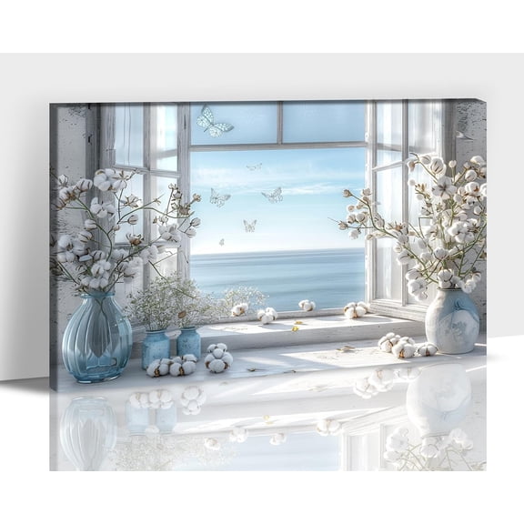 Farmhouse Bathroom Wall Art, Rustic White Flower in Bottle Pictures Prints for Bedroom Canvas Wall Decor, Framed Vintage Floral Plants in Blue Ocean Painting Posters for Room Artwork