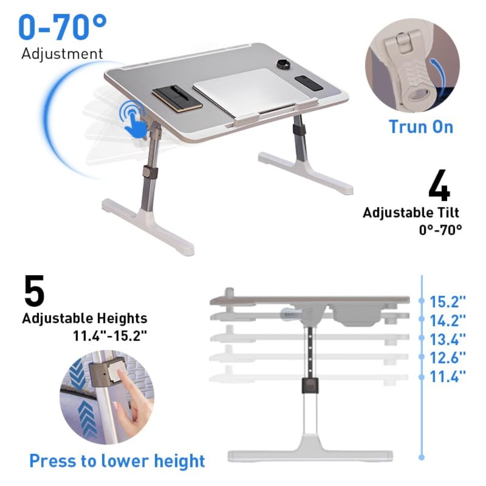 Laptop Desk for Bed Height Adjustable, Lap Bed Table with Cooling Fan/USB/Storage Drawer/Cup Holder/Tablet Stand/Book Shelf, Foldable Breakfast Tray Portable for Reading Writing, Sofa and Floor