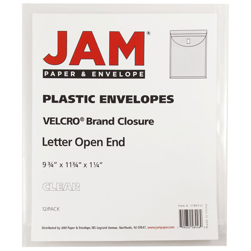 JAM Paper Hook & Loop Plastic Envelopes, 1" Expansion, 9 3/4 x 11 1/2, Clear, 12 per Pack