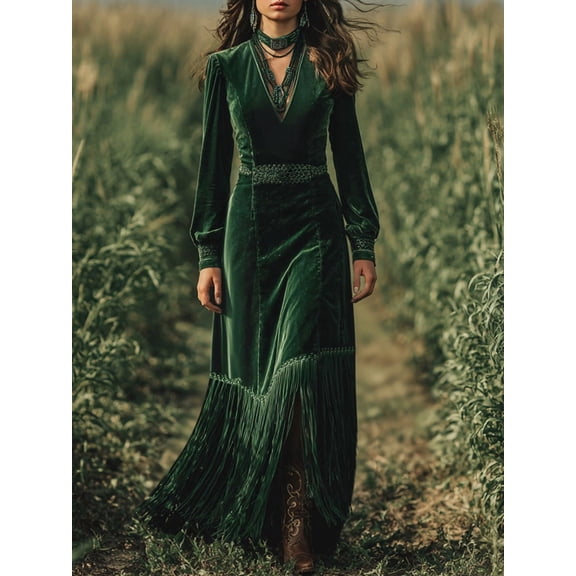 Women’s Emerald Green Velvet Maxi Dress V Neck Long Sleeve Boho Evening Dress with Lace Trim Gathered Waist and Fringe Hem