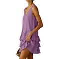 thumbnail image 6 of Women Summer Linen Dress Sleeveless Strap Solid Solor Short Dress V Neck Knee Length Beach Casual Dress Purple L, 6 of 7