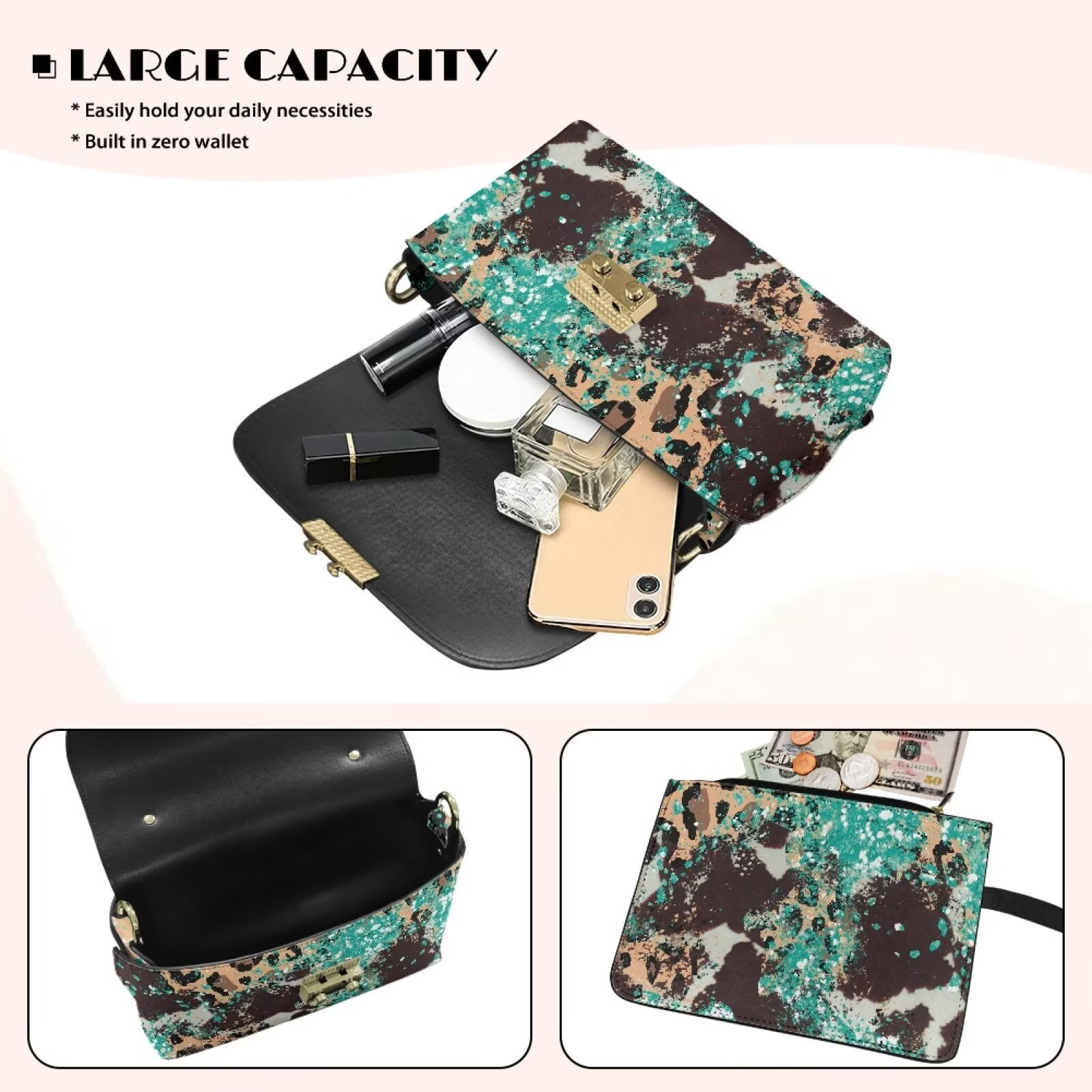 KUIFORTI Abstract Ink Splash Leather Crossbody Bags for Women Fashion Woman Shoulder Bag Handbags Durable Soft Shoulder Bag Wallets with Chain Strap for Camping Parties