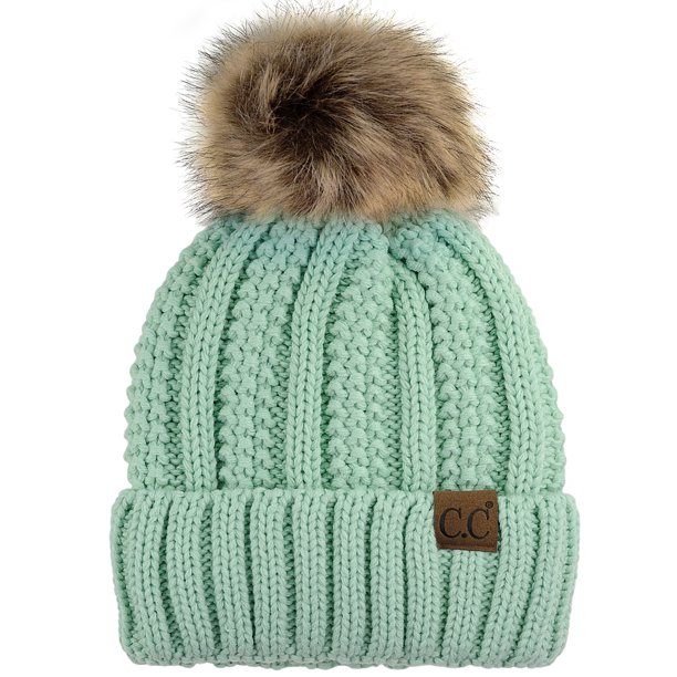 C.C - C.C Thick Cable Knit Faux Fuzzy Fur Pom Fleece Lined ...