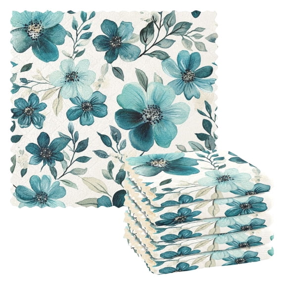 6 Pieces of Kitchen Towels 11x11Inch Kitchen Dish Cloths Kitchen Dish Towels Reuseable Cleaning Cloths Cartoon Turquoise Flowers