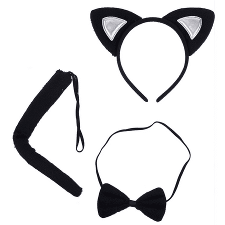 Lux Accessories Halloween Cat Kitty Costume Black Silver Furry Ears Bow Tie
