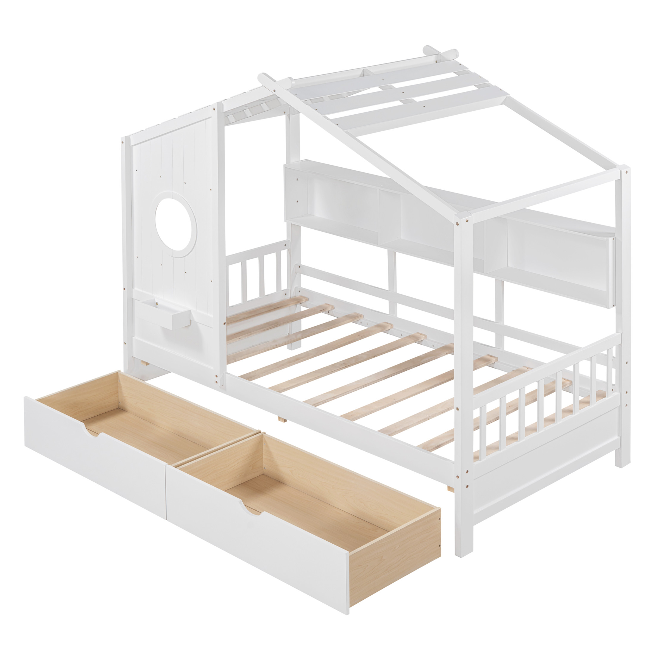 Noble House Wooden Twin Size House Bed with 2 Drawers,Kids Bed with Storage Shelf, White