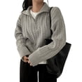 thumbnail image 3 of Women'S Sweaters Fall Winter Quarter Zip Long Sleeves Casual Ribbed Cable Knit Pullover Gray One size, 3 of 9