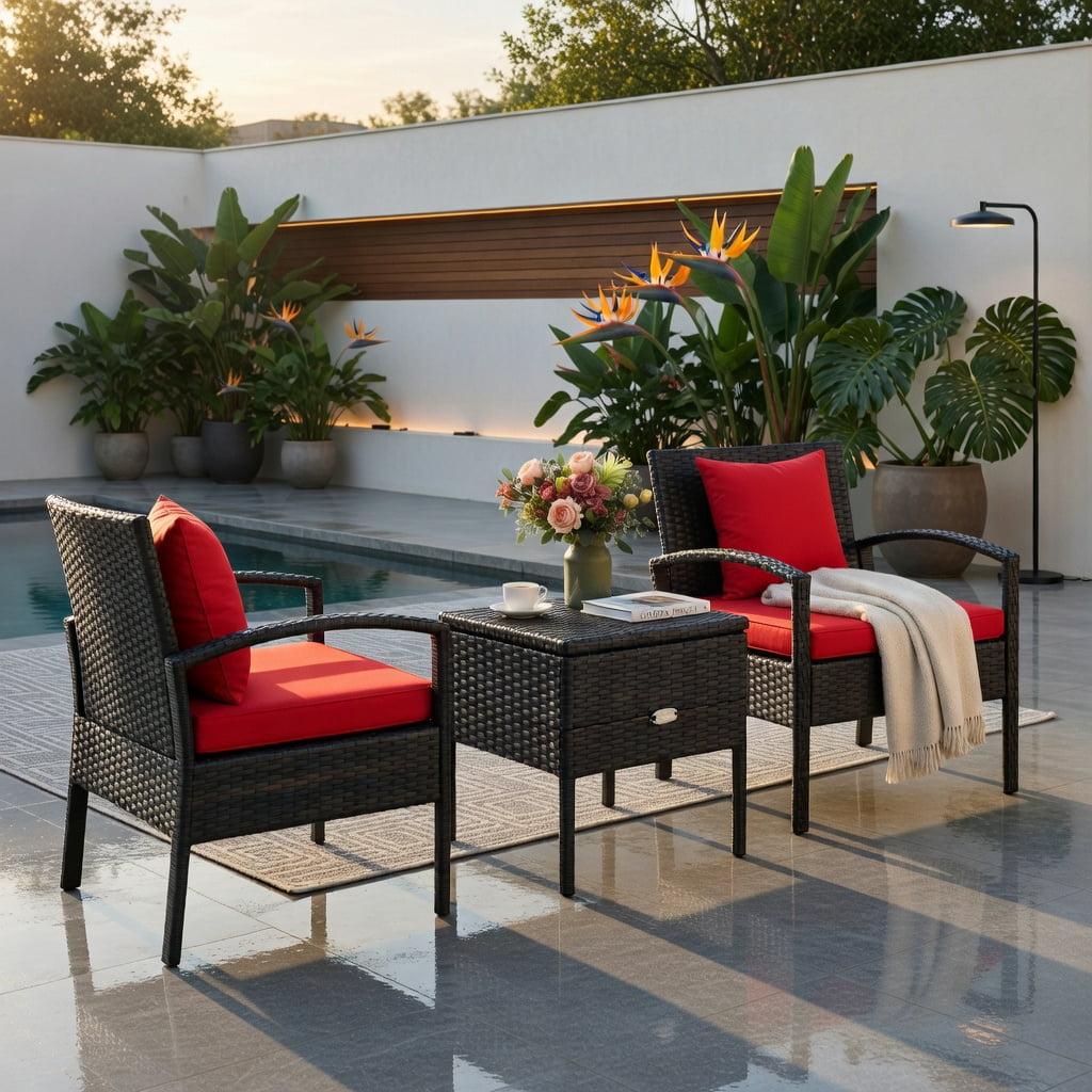 Hommoo 3-Piece Outdoor PE Rattan Patio Sofa Set with Washable Removable Cushions, for Backyard, Balcony, Poolside, Red