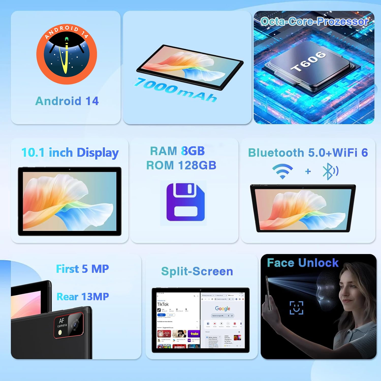 2025 Newest Android Tablet, 10.1 inch Android 14 Tablet with Keyboard,8GB RAM 128GB ROM , 8 Core , 7000mAh , 2.4G/5G WiFi/Bluetooth 5.0, GPS
