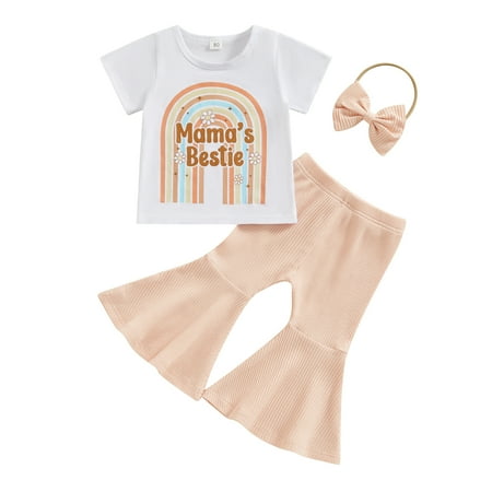 

3Pcs Toddler Baby Girl Summer Clothes Short Sleeve Rainbow Mama s Bestie T-Shirt + Flare Pants + Headband Set
