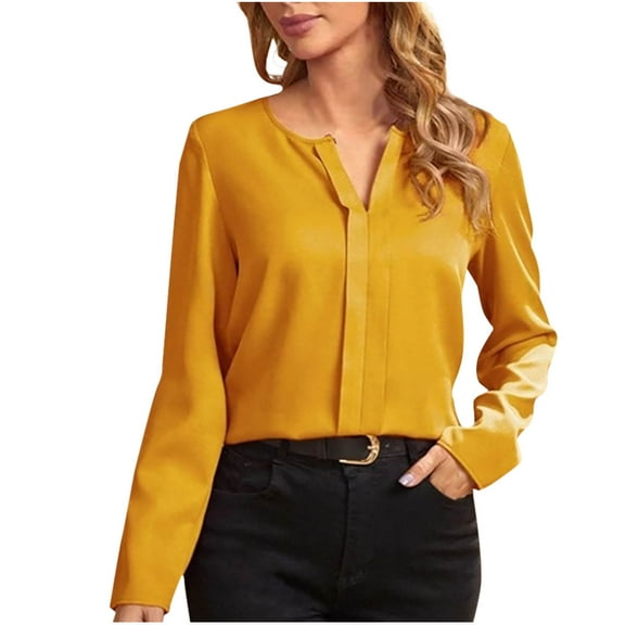 PiGOGI Soft Shirts for Women Fashion Women's Casual Long Sleeve Solid Ladies V-Neck Tops Blouse Yellow