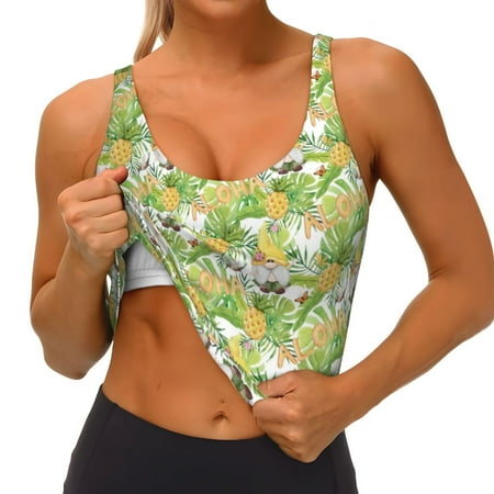 Qokaie Gnome and Pineapple Pattern Womens Scoop Neck Sports Bra Breathable Workout Vest Padded U Back Medium Impact Fitness Gym Yoga Bra Workout Crop Top