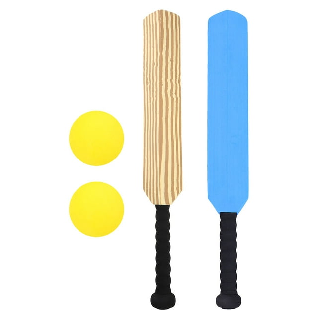 1 Set Children Cricket Set featuring a portable cricket bat and training stick made of EVA and plastic. Includes a retro-style cricket bat with a woodgrain pattern, a blue cricket bat, and two yellow balls. Designed for outdoor play, it measures 58.00x8.50x3.00cm and is suitable for kids of all ages. Ideal for backyards, parks, and playgrounds.