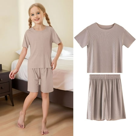 WUXIAN Kids Homewear Ice Silk Round Neck Short Sleeve Shorts Set Casual Comfortable Elastic Waist Loungewear Toddler Clothing Khaki 8-9 Years