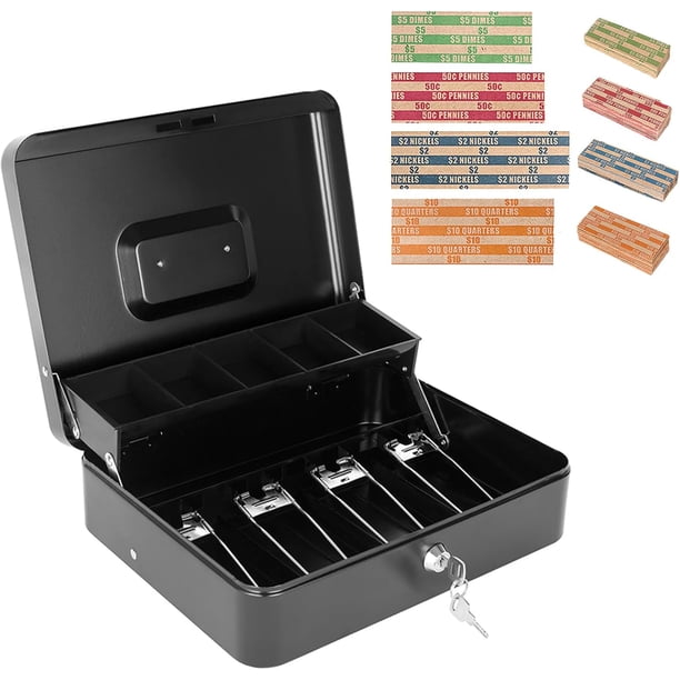 Caja de efectivo metal bandeja dinero cerradura llave caja registradora espacio organizado monedas billetes recibos