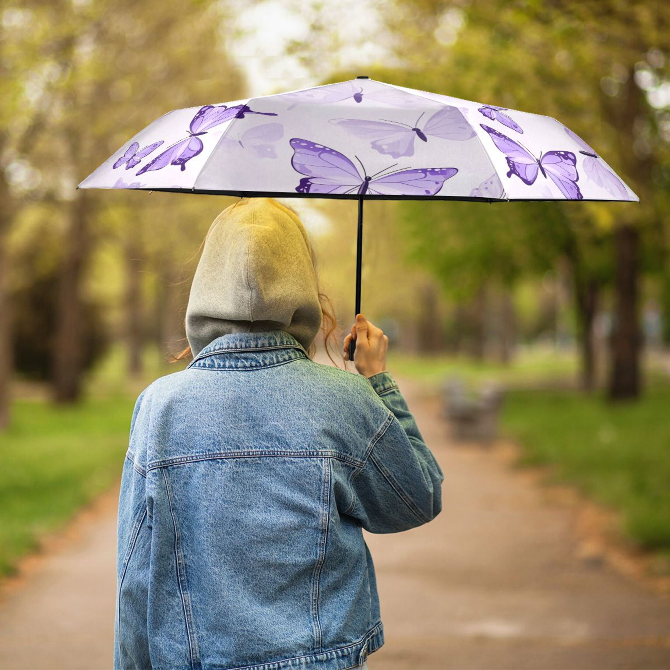 Purple Butterflies Flying All Weather Umbrella Triple Folding Parasol 6 Ribs UV Protection Portable