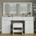 thumbnail image 1 of 11 Drawers Makeup Vanity with Charging Station, Vanity Desk with 13 LED Bulbs and HD Mirror, 3 Color Brightness Adjustable, Glass Top Vanity Set for Bedroom, 1 of 8