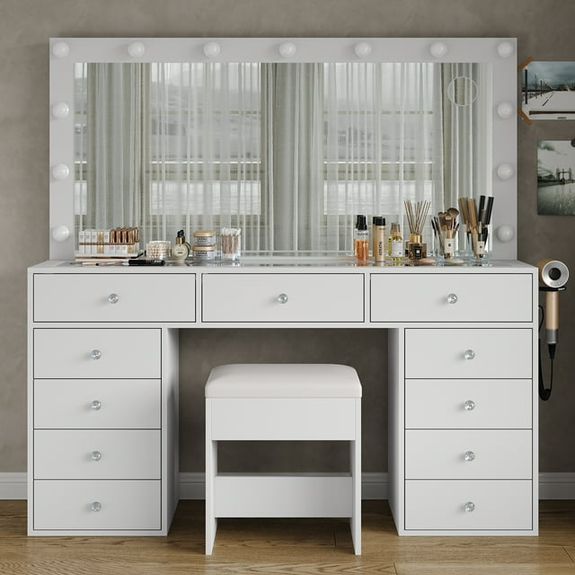 11 Drawers Makeup Vanity with Charging Station, Vanity Desk with 13 LED Bulbs and HD Mirror, 3 Color Brightness Adjustable, Glass Top Vanity Set for Bedroom
