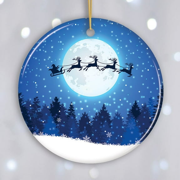 Santa Claus and Reindeer Silhouette over Full Moon Ornament, Nighttime Forest Snow Scene