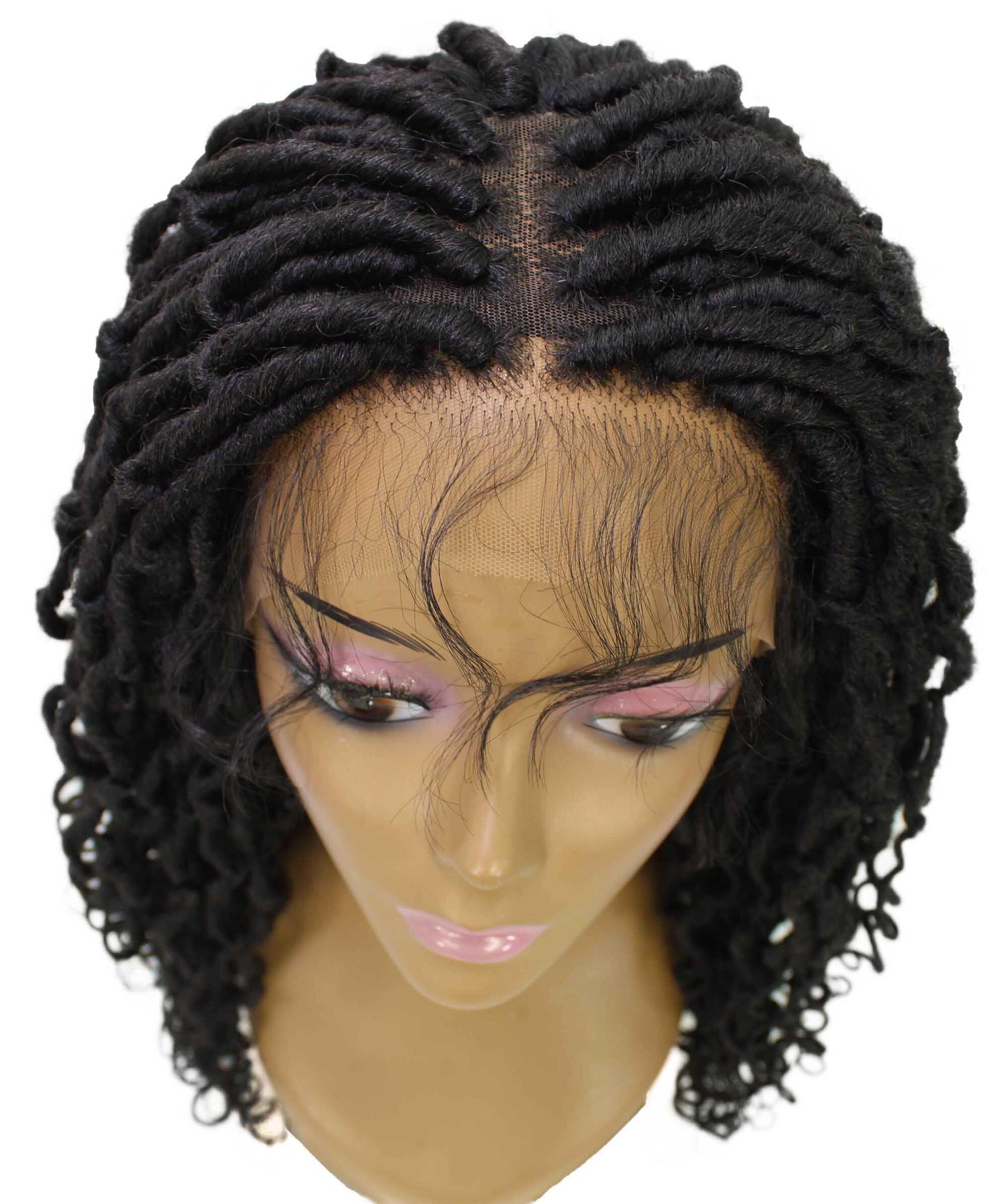 LUXLUXE Diamond Curly Locs 23 in Long 4X4 Hand Tied Lace Braid Braided Wig, Beauty Heat Resistant Fiber, Natural Black Color