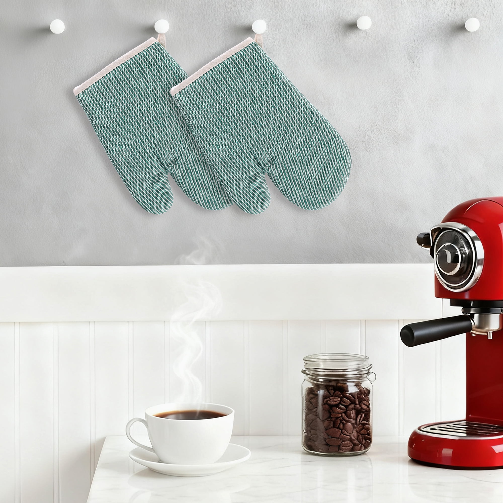 Unique Bargains Heat-Resistant Cooking Gloves Thick Cotton Lining Green 10.2x7.5inch
