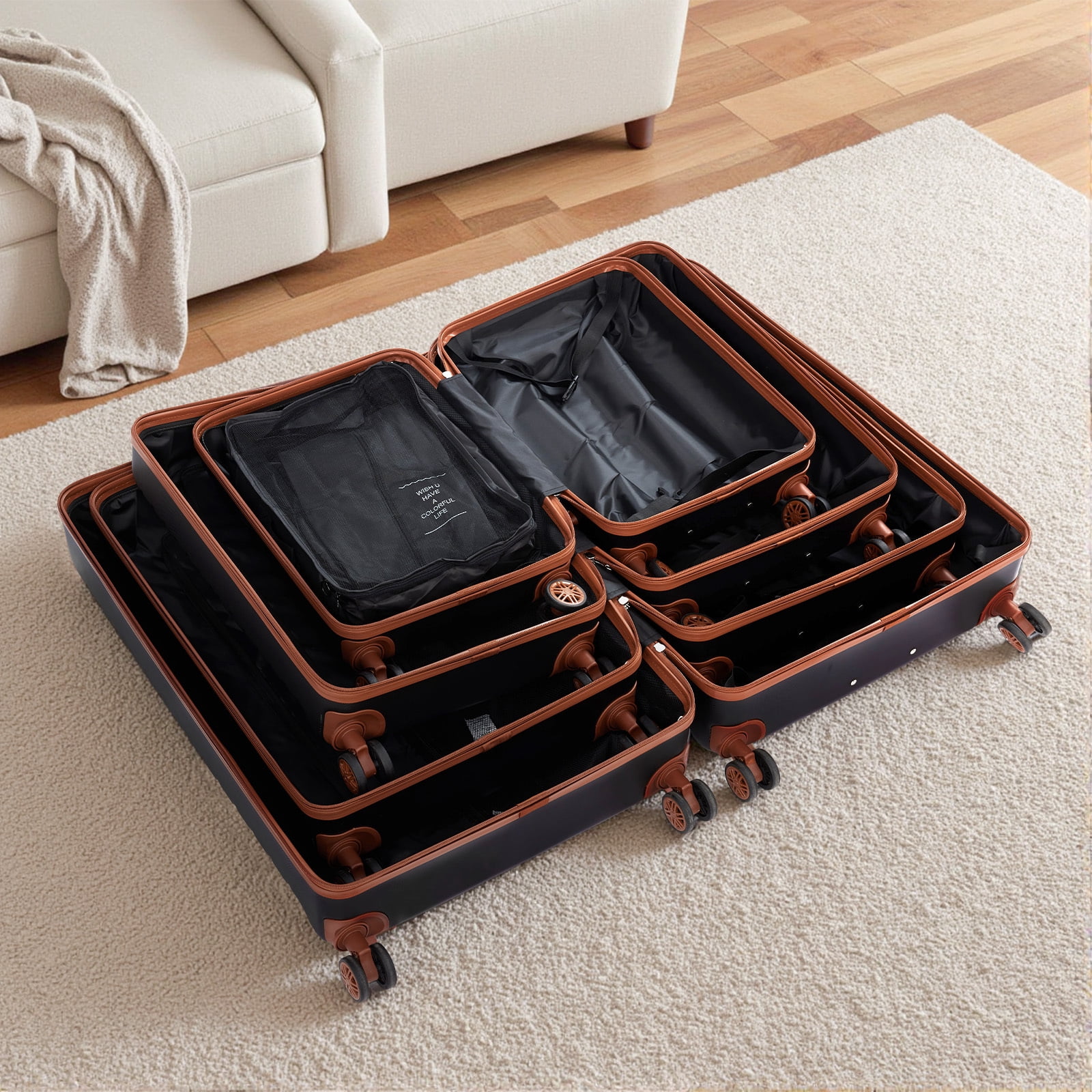 Gowill 4 Piece Luggage Sets with 7 Pieces Organizer Bags, 20/24/28/32 inch ABS Carry-on and Checked Suitcase Large Travel Sets, Black Tan