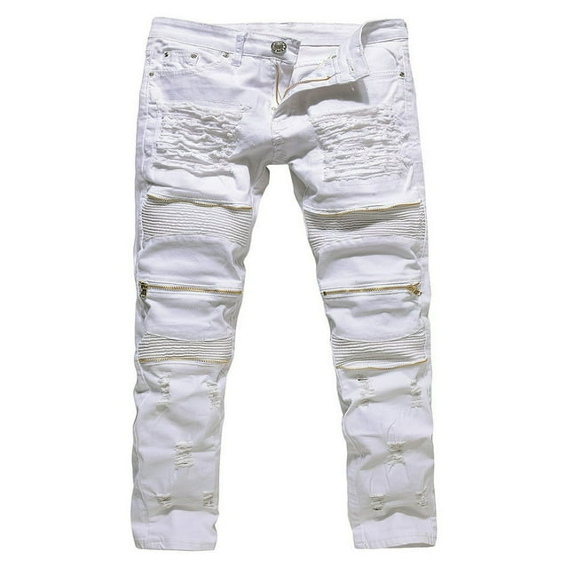 Men Ripped Biker Jeans Destroyed Frayed Pants Denim Pencil Trousers