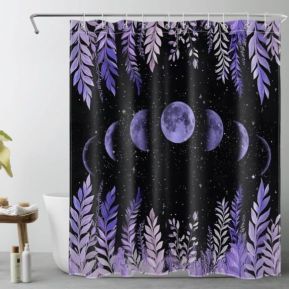 HVEST Moon Phase Plant Leaf Shower Curtain with Purple Moon and Starry Night Aesthetic Design - Black and Purple Bathroom Decor, Waterproof Polyester Fabric, Includes 10 Hooks, 60x72 Inches