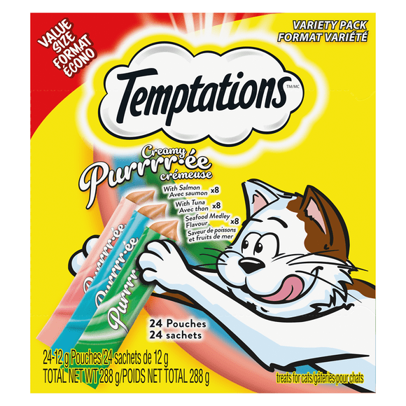 Temptations Creamy Puree Adult Lickable Cat Treats, Seafood Variety Pack, Seafood Medley, Salmon, and Tuna Flavours, 24 pouches, 288g