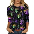 thumbnail image 2 of Cavosen Mardi Gras 3/4 Length Sleeve Womens Tops Dressy Holiday Carnival Crewneck Tops Mask Graphic Print Shirts Festival Trendy Blouse Loose Athletic Tees Party Shrove Tuesday T-Shirts L, 2 of 5