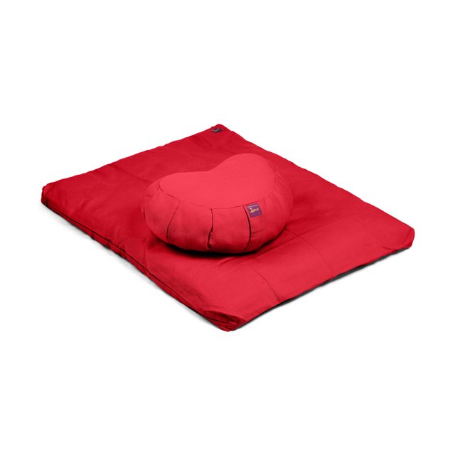 Meditation Kit - Zabuton and Buckwheat Filled Crescent Zafu - 2pc - Yogavni (Red). Includes a red cotton-covered zabuton mat measuring 34in x 28in x 3in and weighing 7lb, paired with a red crescent-shaped zafu cushion filled with buckwheat, measuring 13in x 6in and weighing 3lb. Ideal for yoga, meditation, and mindfulness practices.