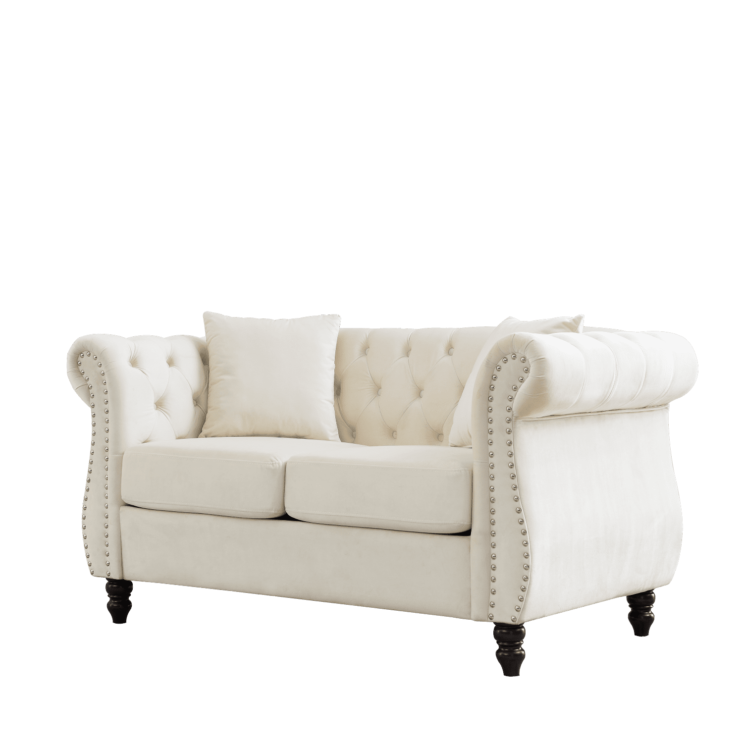 Youmumeub 58.8" Compact Chesterfield Velvet Loveseat Beige 2-Seater Tufted Nailhead Trim, Low Back, Solid Wood Feet, Foam & Spring Comfort — Apartment Friendly Sofa