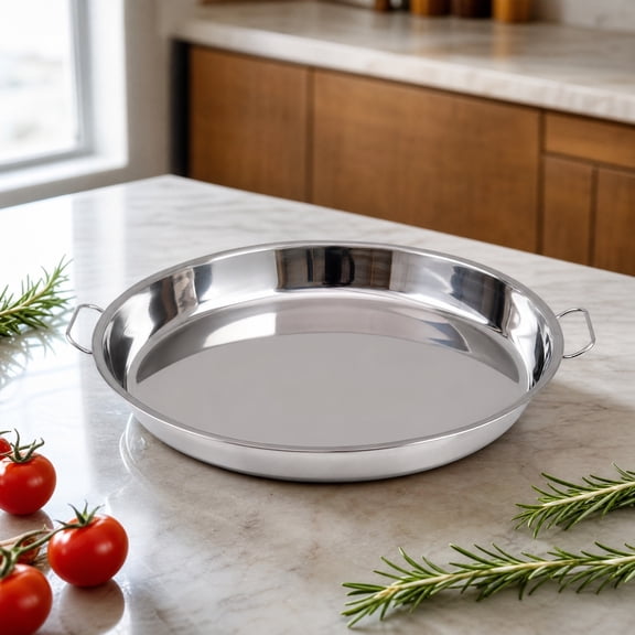 Round Stainless Steel Serving Tray with Handles, Mirror Polished Metal Platter with Raised Rim, Food Serving Baking Display Tray for Kitchen, Party, Coffee Table and Countertop Storage
