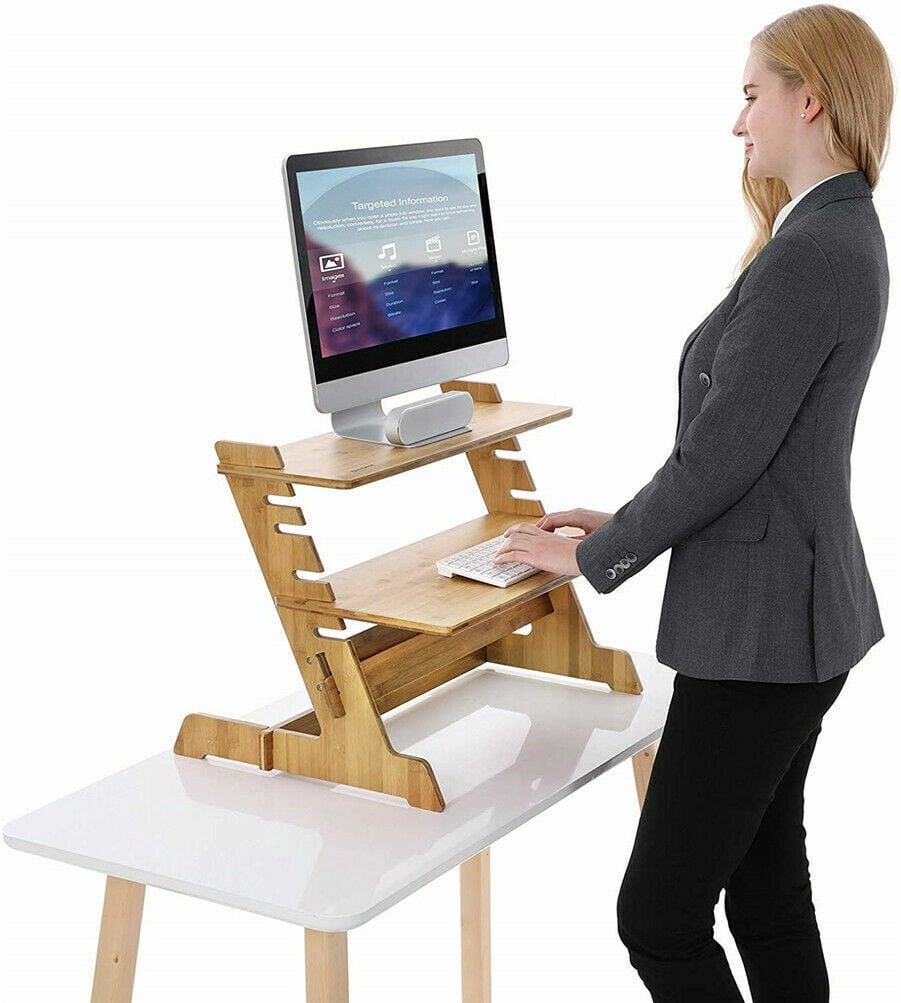 MarketLane Bamboo Standing Monitor Stand Desk Convertor Riser for Monitor Adjustable Height Standup Desk Top Laptop Workstation with Phone Headset Holder